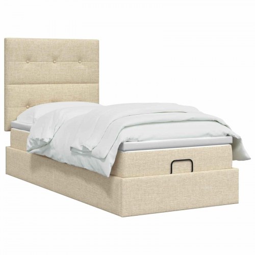 Ottoman seng med madras og LED cremefarvet 100 x 200 cm stof