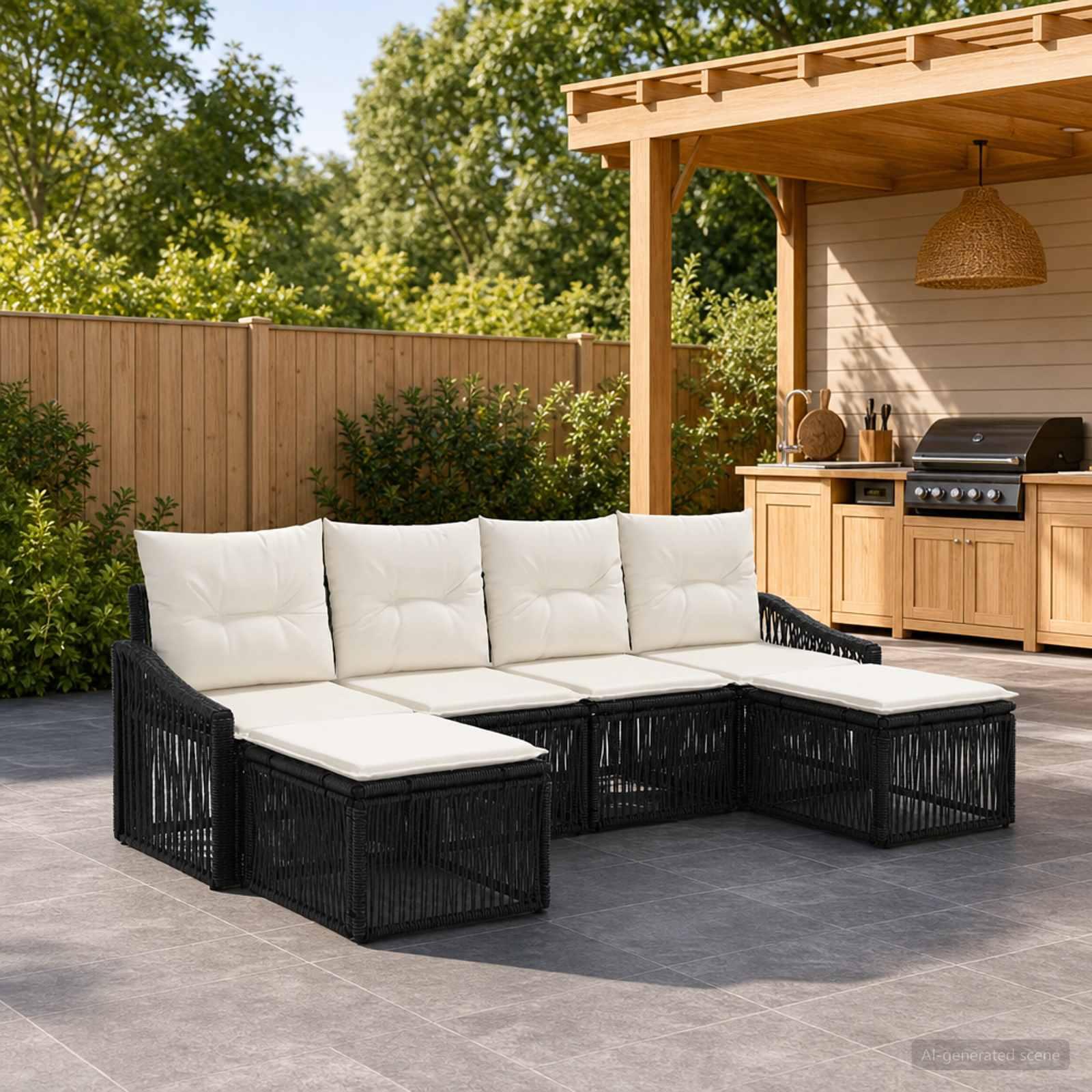 Havesofa sæt 6 stk. i sort polyrattan til terrasse og have
