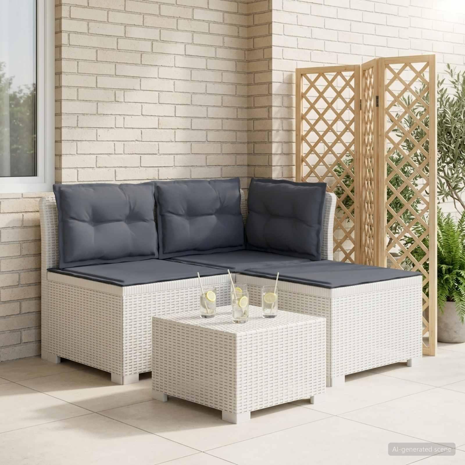 vidaXL 3-personers havensofa med puder i rattanlook PP Hvid