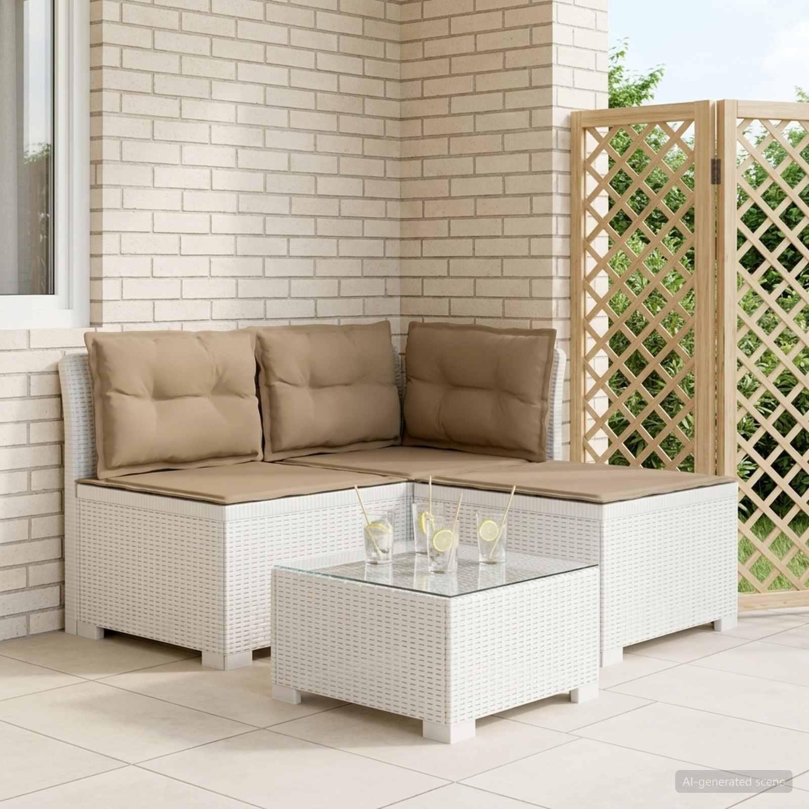 vidaXL 3-personers havensofa med puder i rattanlook PP Hvid