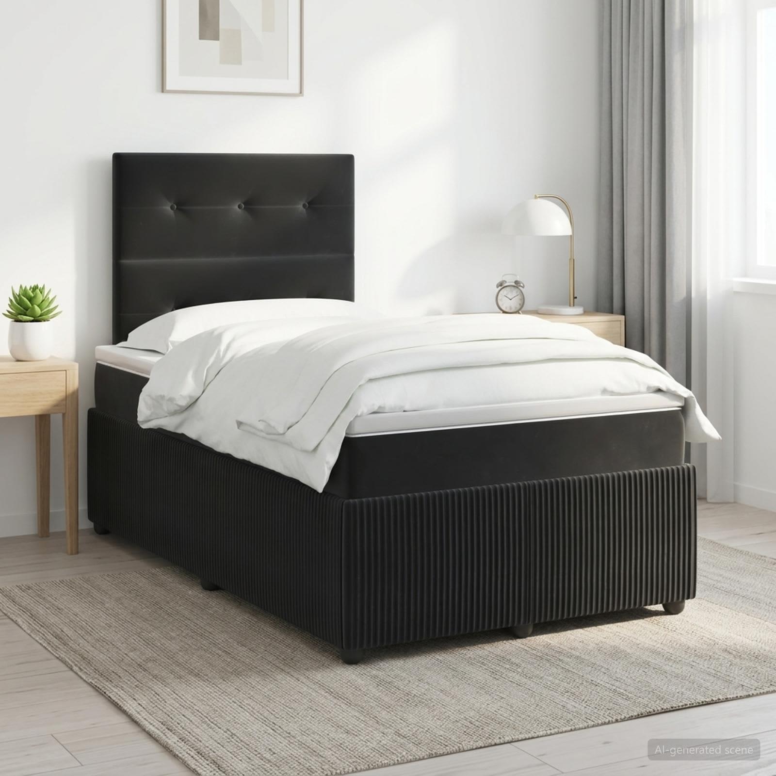 Boxmadras seng med topmadras og hovedgærde 120 x 190 cm i sort fløjl