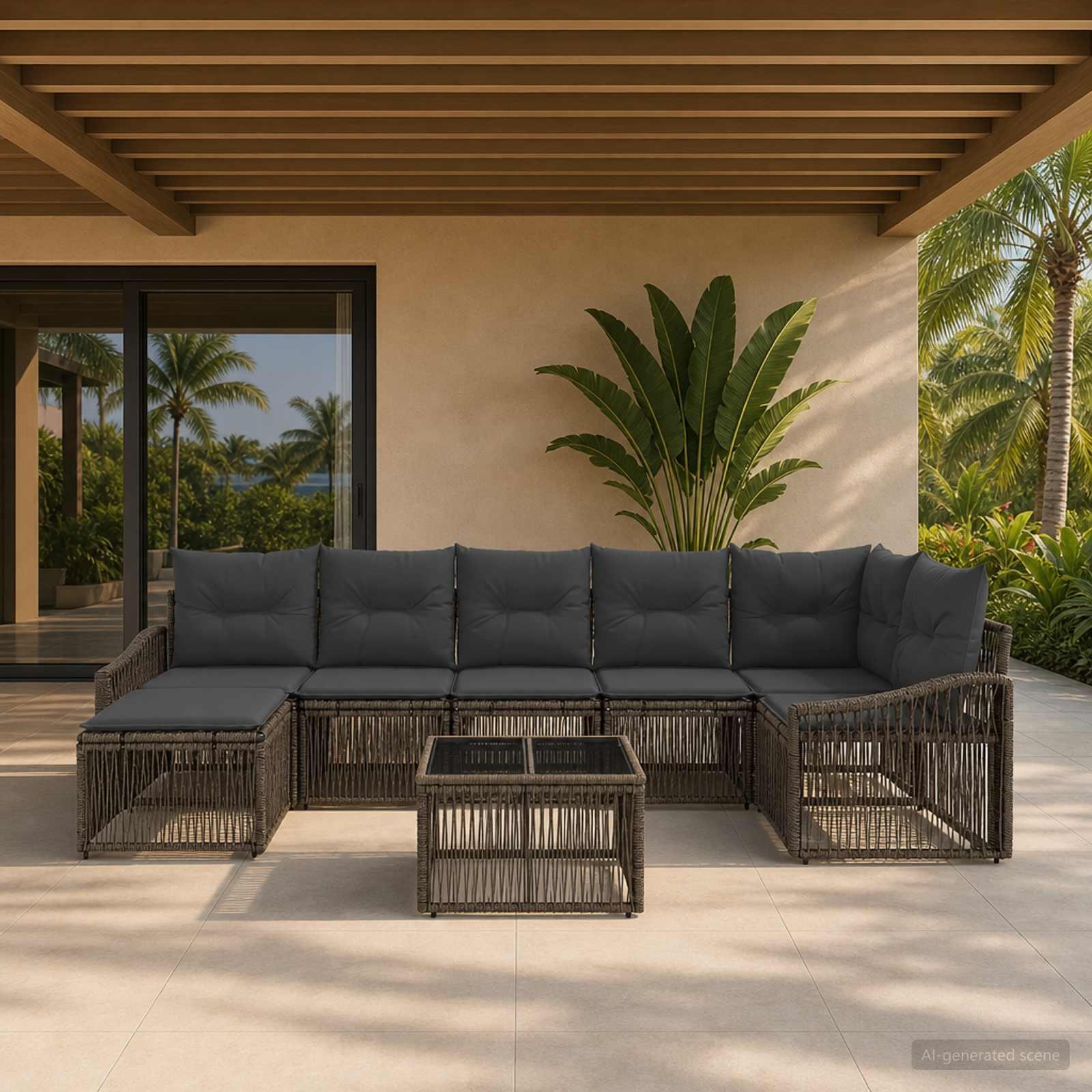 Havesofa sæt 8 stk. i grå polyrattan - modulært loungesæt