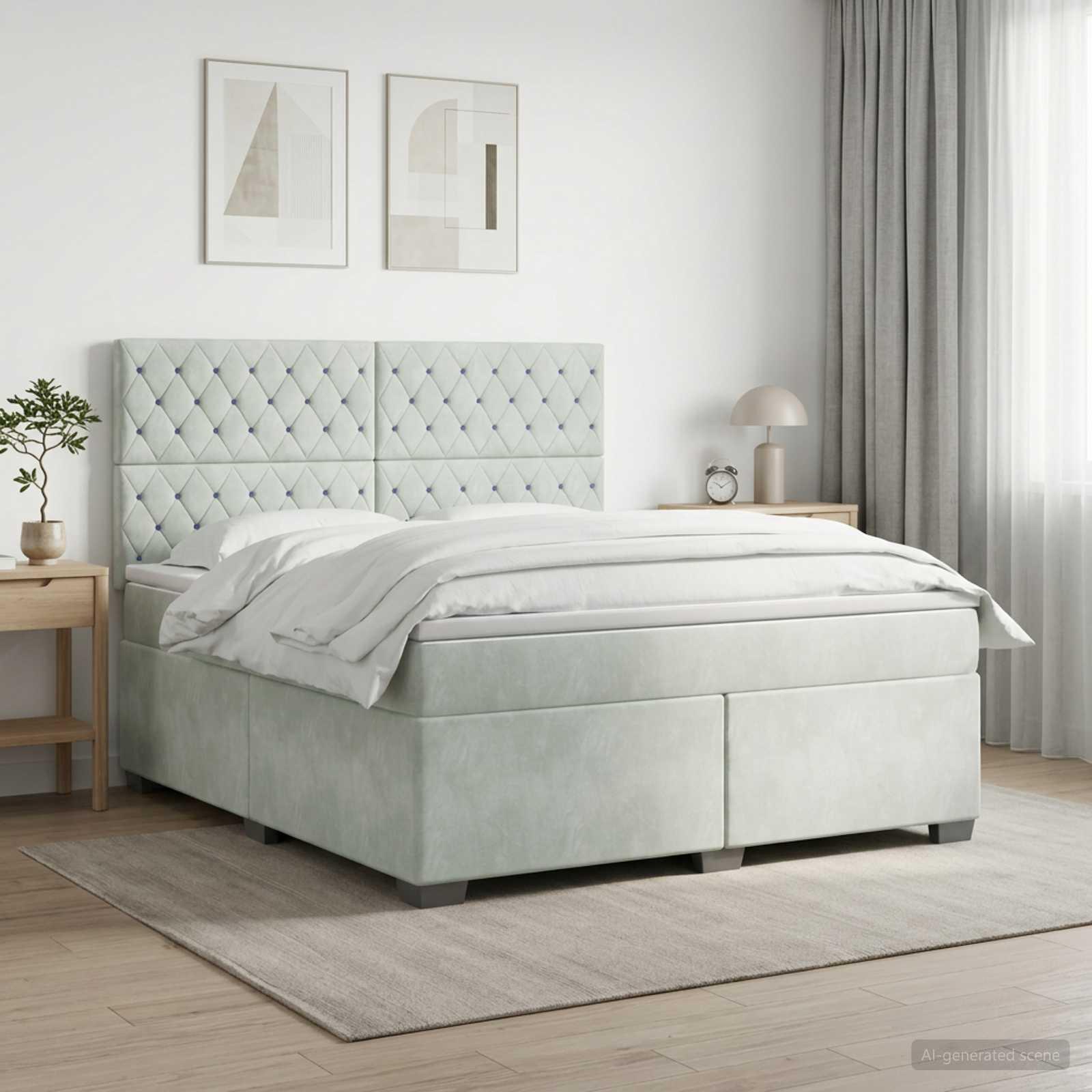 Boxmadras seng med topmadras 140 x 190 cm i lysegrå fløjl