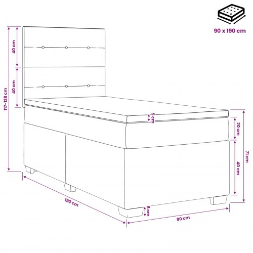 Boxmadras med topmadras og justerbart hovedgærde 90 x 190 cm i sort fløjl