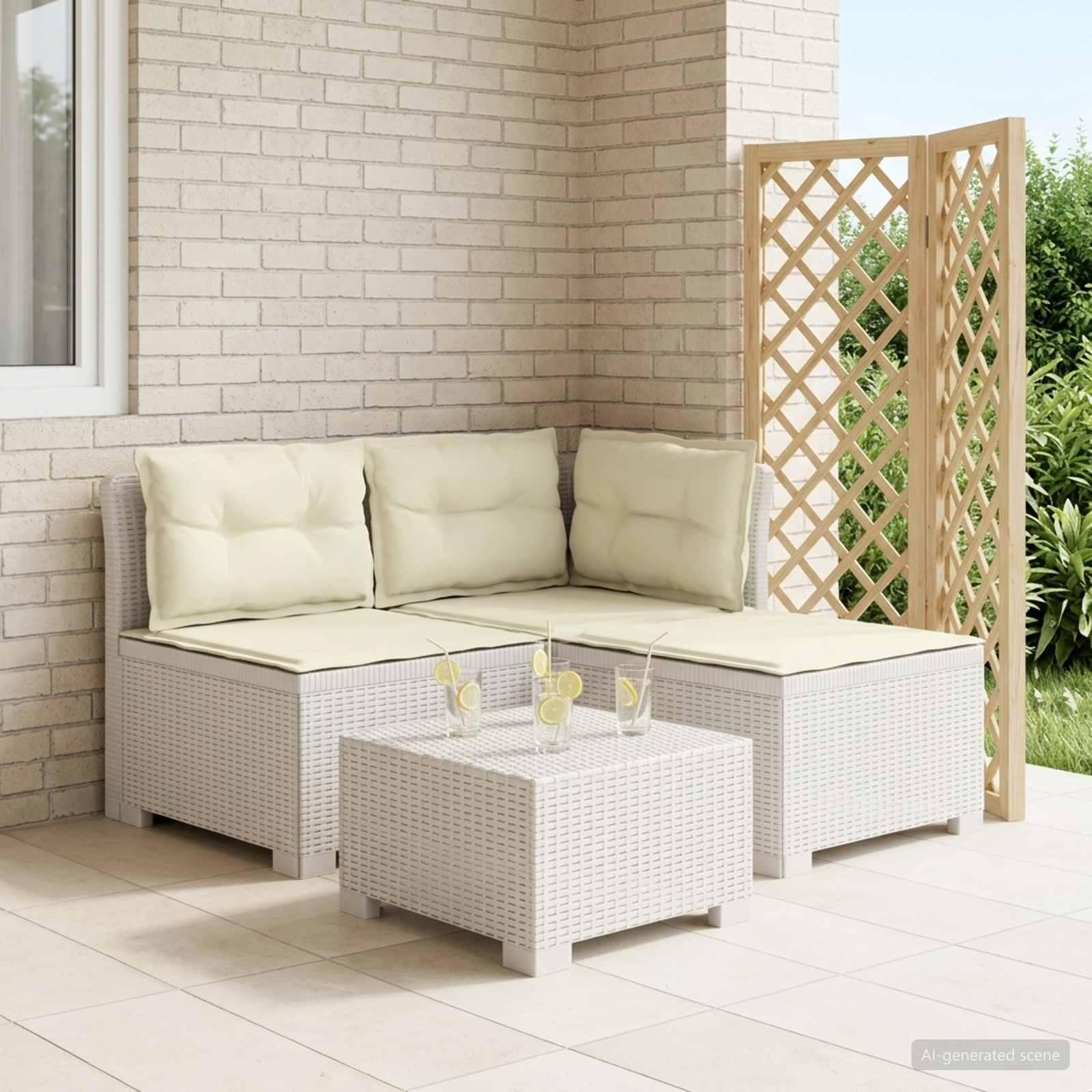 vidaXL 3-personers havensofa med puder i rattanlook PP Hvid
