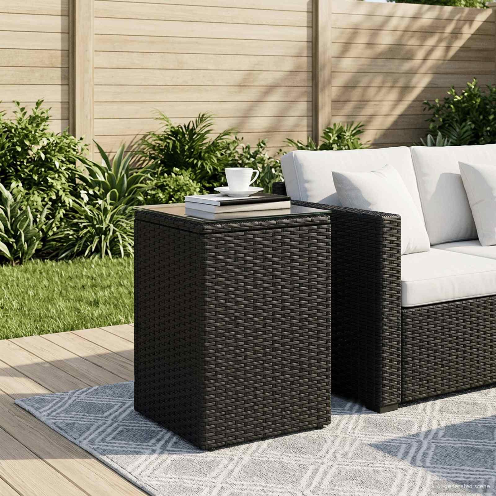 Sidebord i sort polyrattan med glasbordplade 35 x 35 x 70 cm