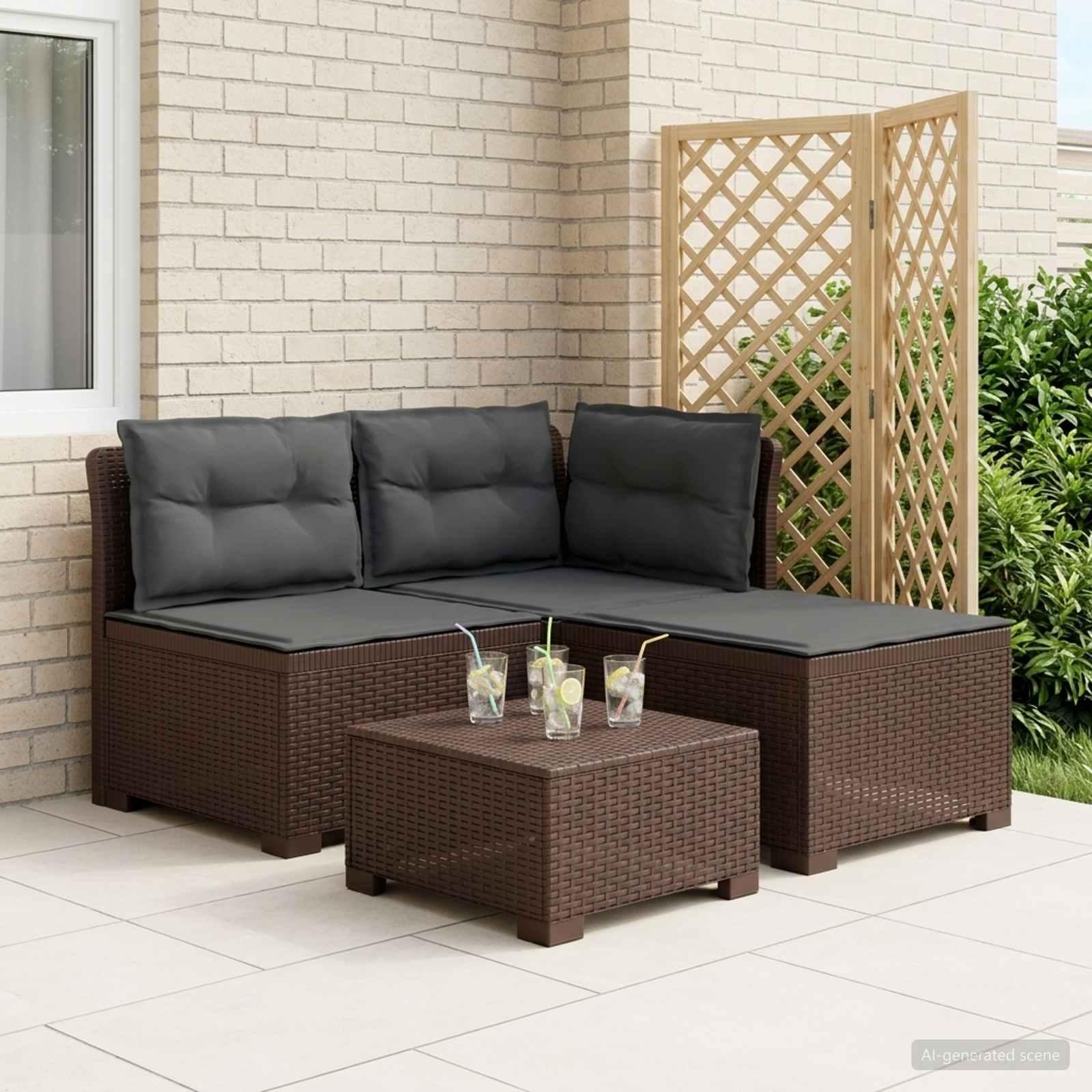 3-personers havensofa i rattanlook PP med puder - brun/antracit