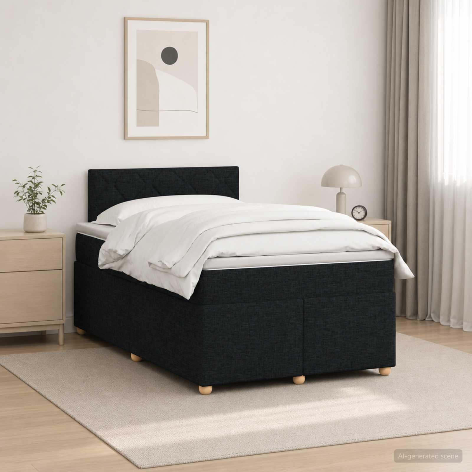 Boxmadras med topmadras og hovedgærde 120 x 190 cm - sort stof