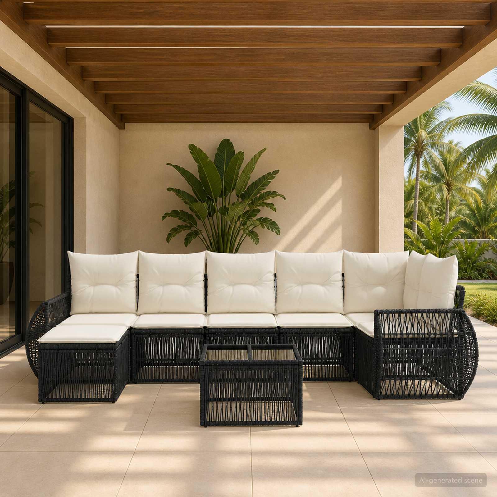 Havesofa sæt 8 stk. i polyrattan - sort og cremehvid
