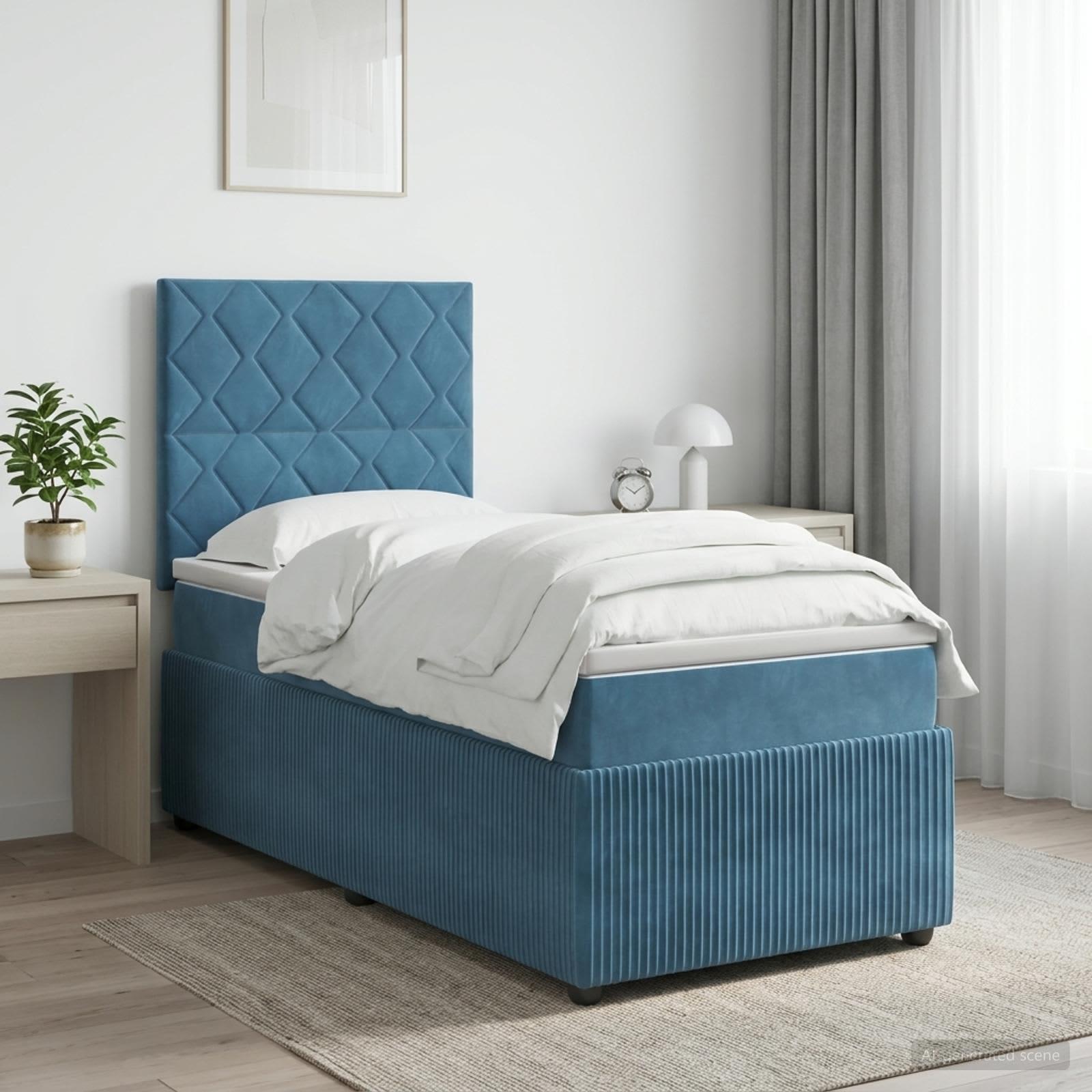 Kontinentalseng med madras, topmadras og hovedgærde 100 x 200 cm - blå fløjl