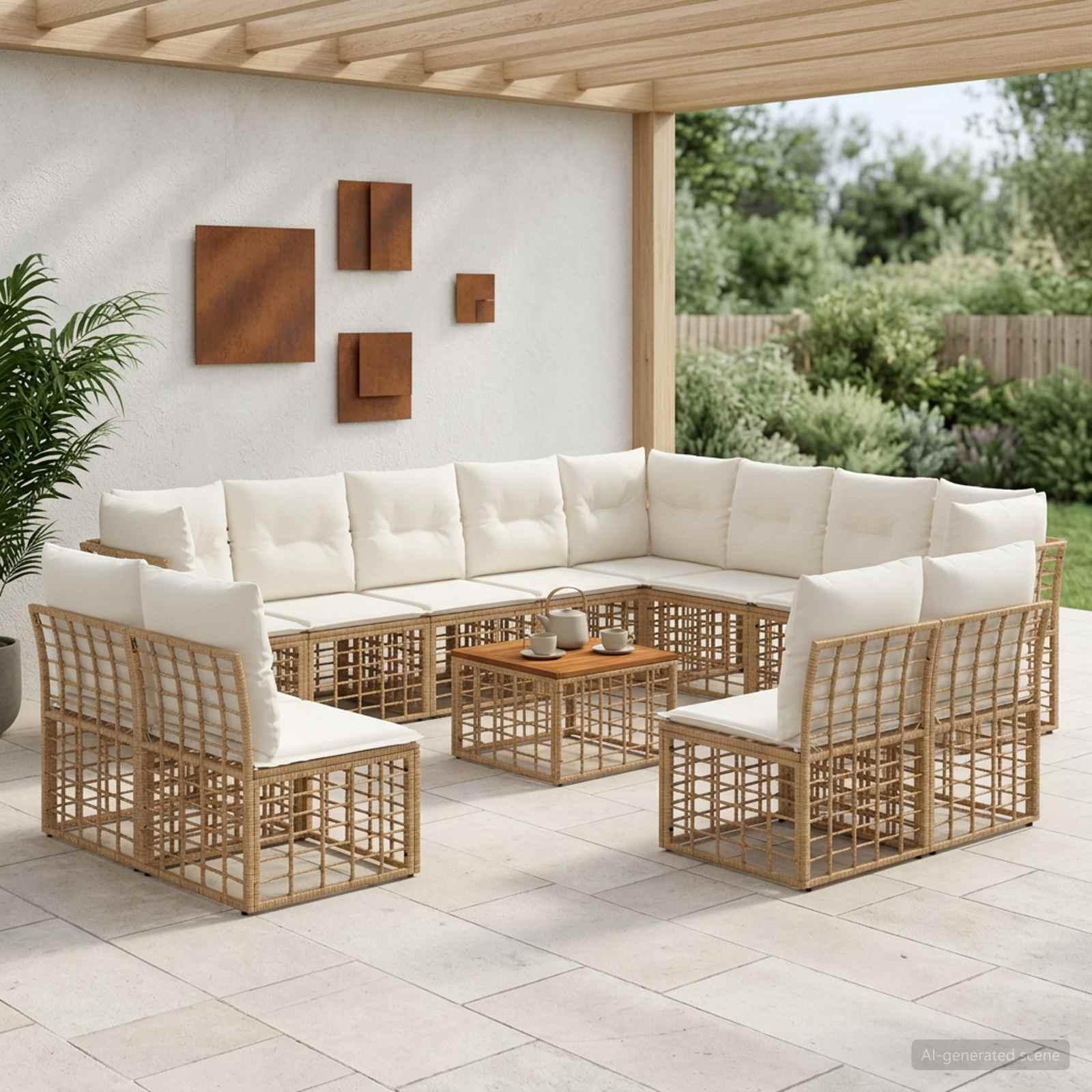 Udendørs sofagruppe 13 stk. i poly rattan - naturlig og creme hvid
