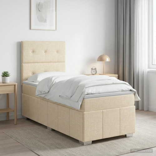 Boksmadras seng med topmadras cremefarvet 90 x 200 cm stof