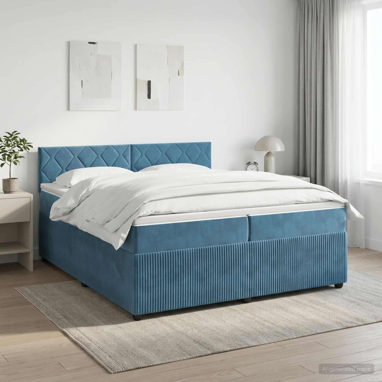 Boxmadras seng med topmadras 200 x 200 cm i mørk blå fløjl