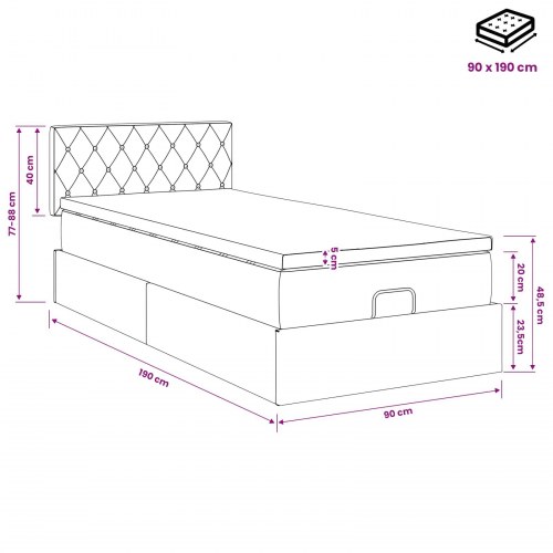 Ottoman seng med madras og LED 90 x 190 cm - mørkegrøn velour