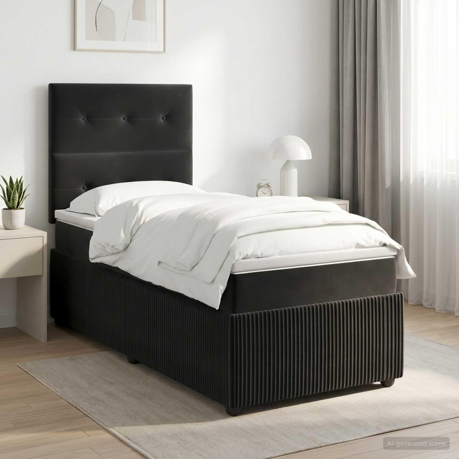 Boxmadras seng med topmadras og hovedgærde 100 x 200 cm sort fløjl