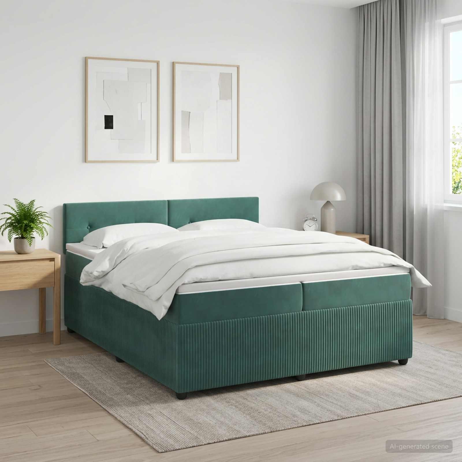 Boksmadrasseng med madras og topmadras 200 x 200 cm i mørkegrøn fløjl