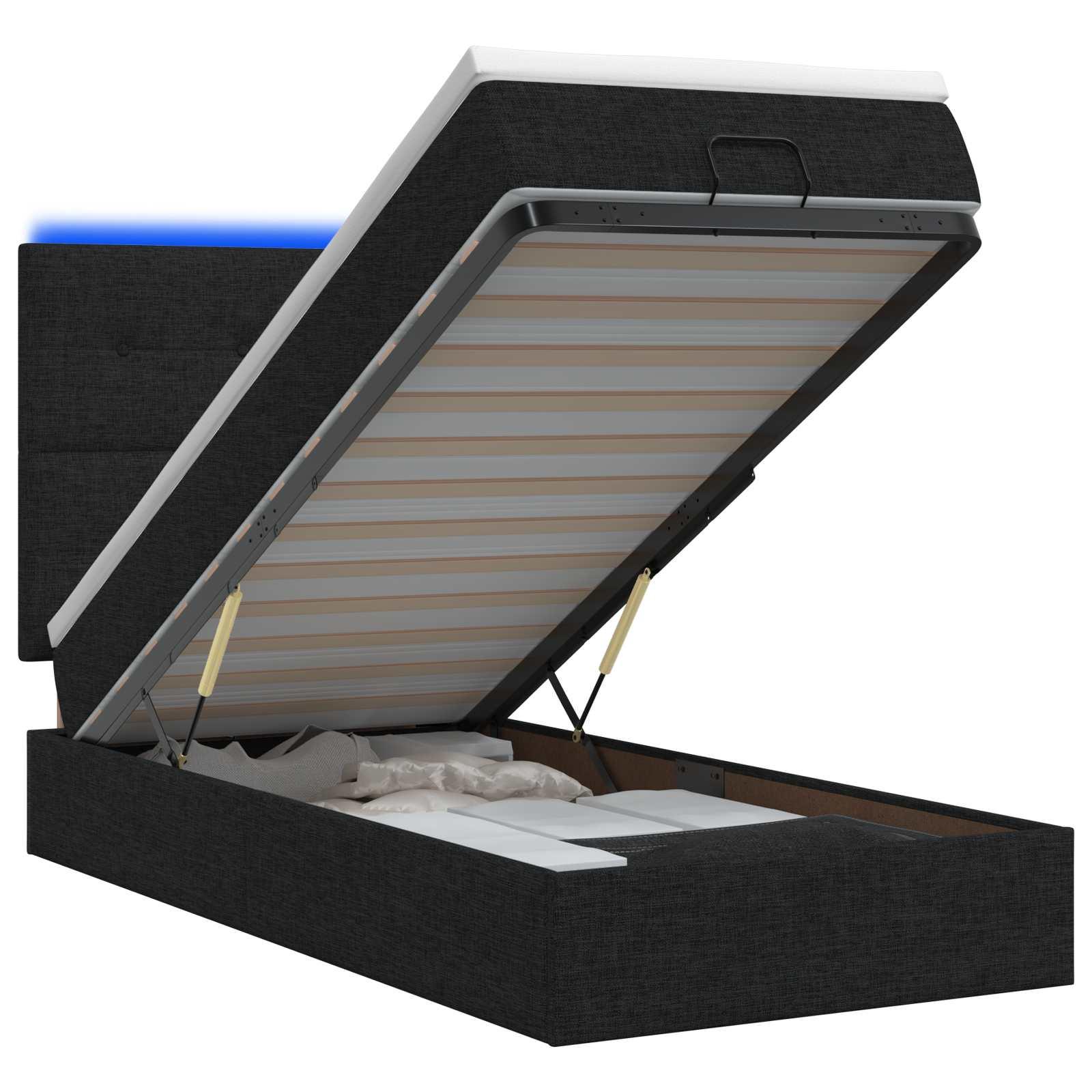Ottoman seng med opbevaring, madras og LED - sort 80 x 200 cm stof
