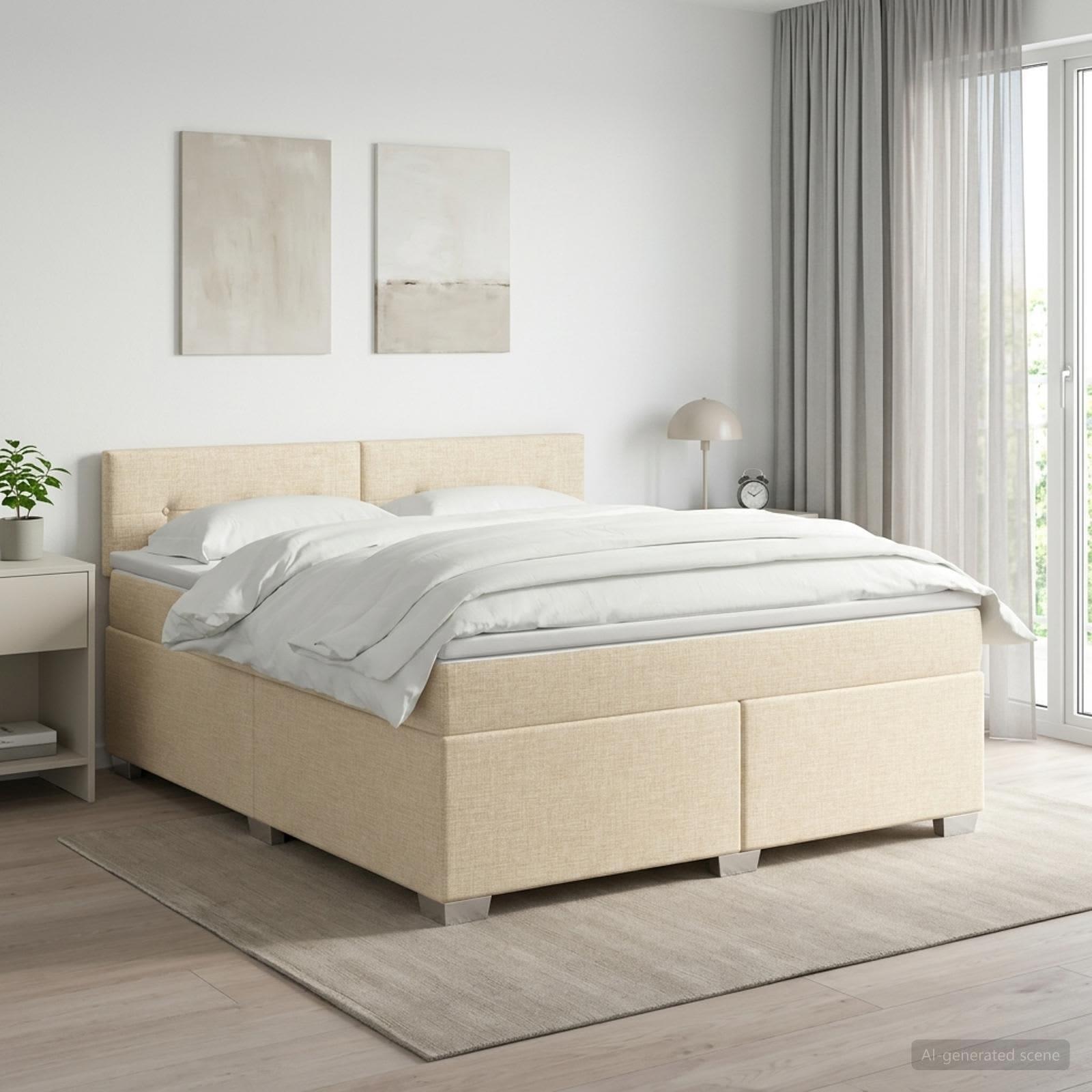 Boksmadras med topmadras og justerbar hovedgavl 140 x 190 cm - cremefarvet
