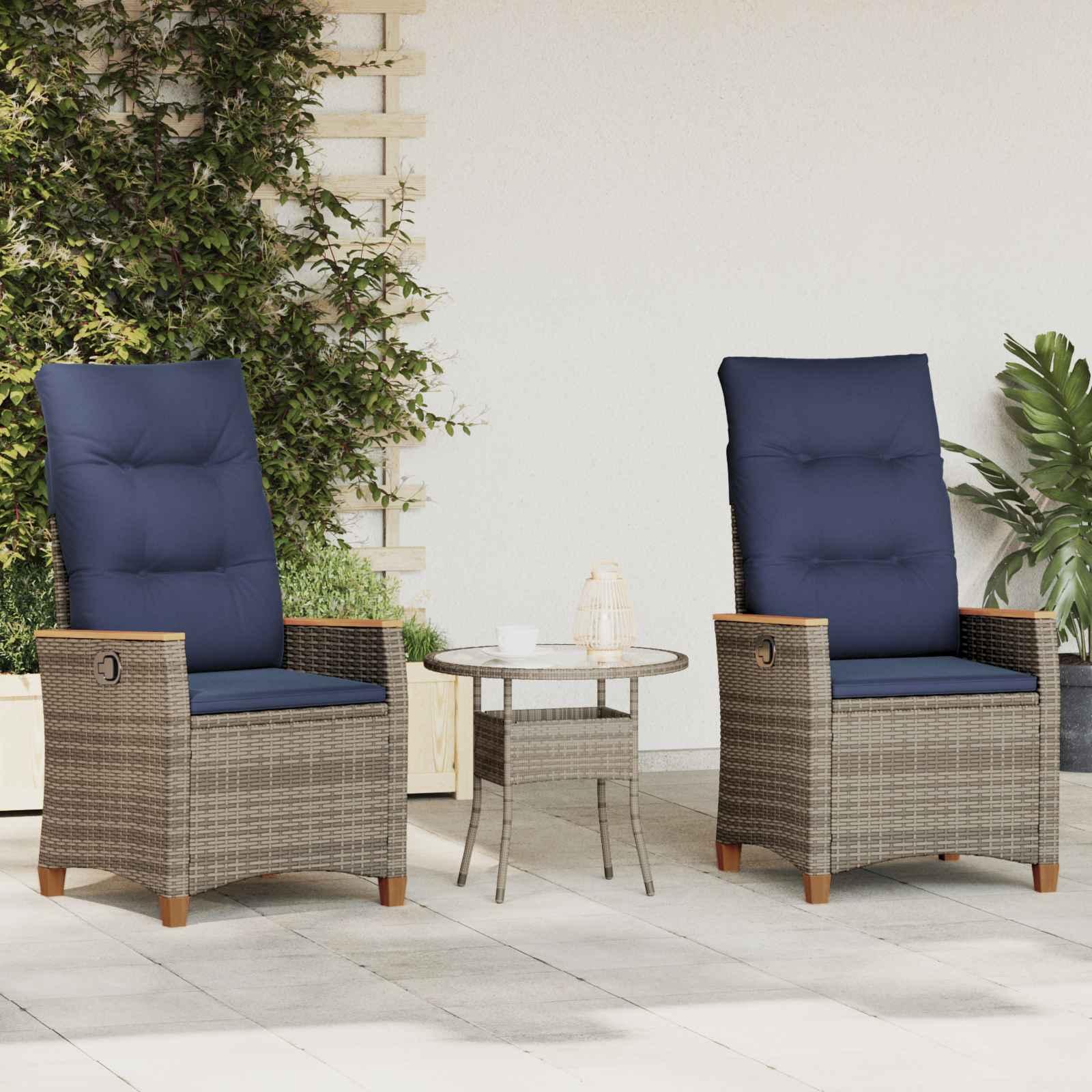 Havestol med justerbar ryg 2 stk. i grå polyrattan med marineblå puder
