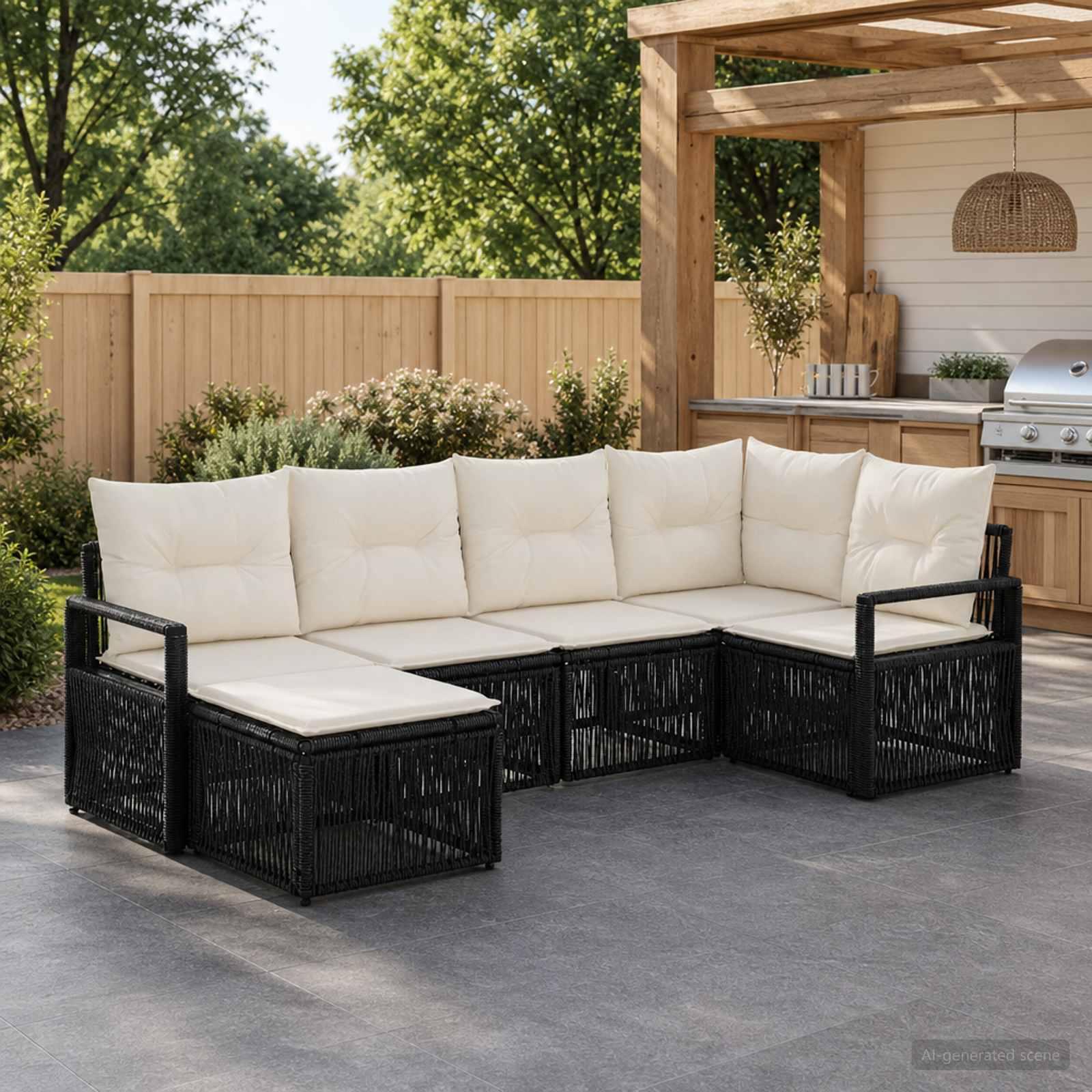 Havesofa sæt 6 dele i sort polyrattan med hynder