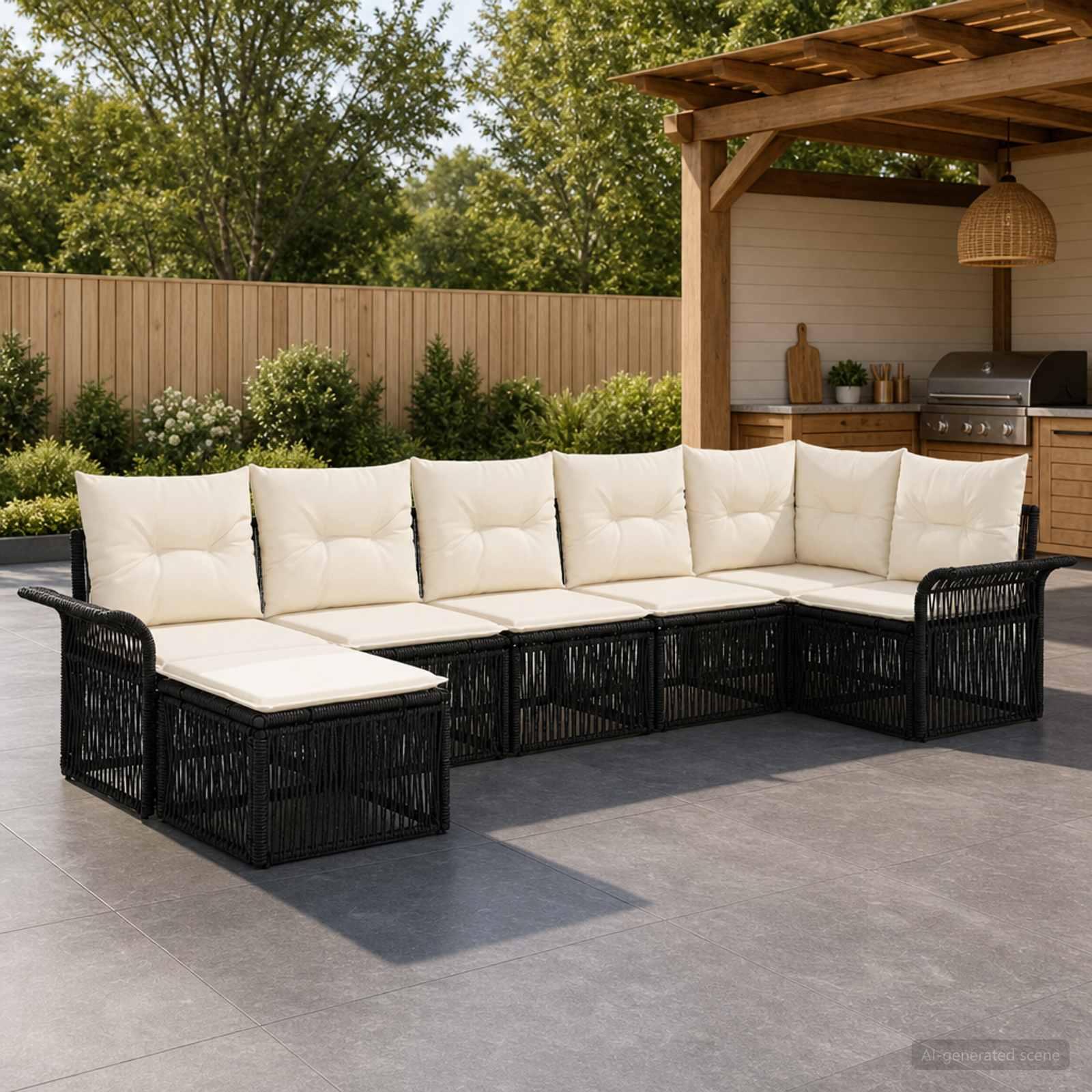 Havesofa sæt 7 stk. i sort polyrattan med modulært design
