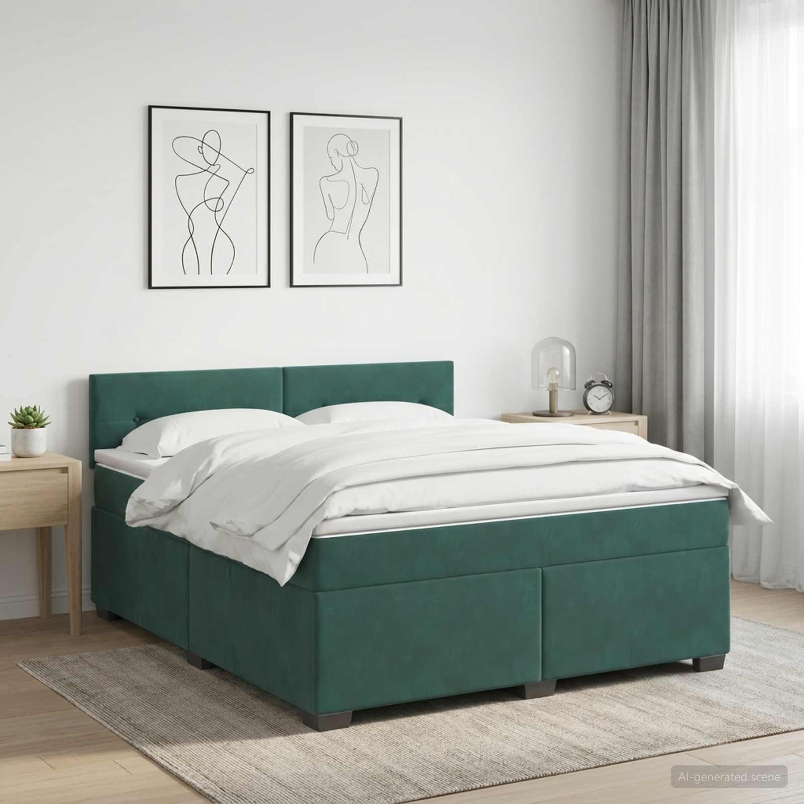 Kontinentalseng med madras og LED mørkegrøn 140 x 190 cm velour
