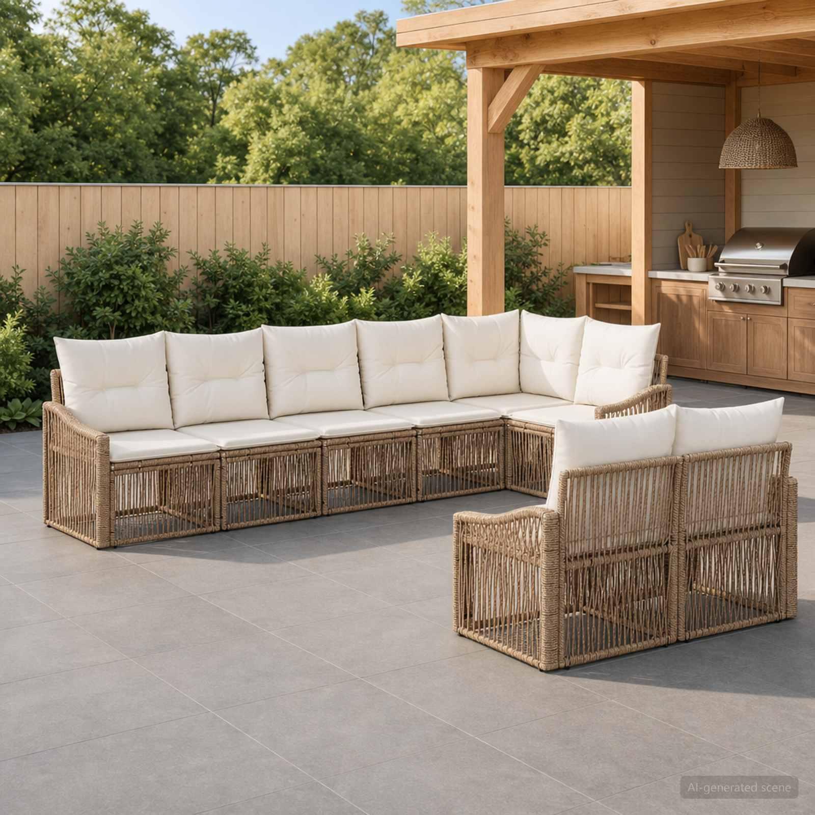 Havesofa sæt 8 stk. i beige polyrattan - modulært havemøbelsæt