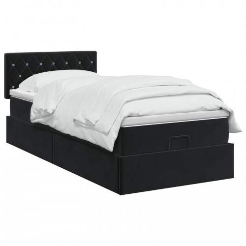 Ottoman seng med opbevaring, madras og LED - sort velour 80 x 200 cm