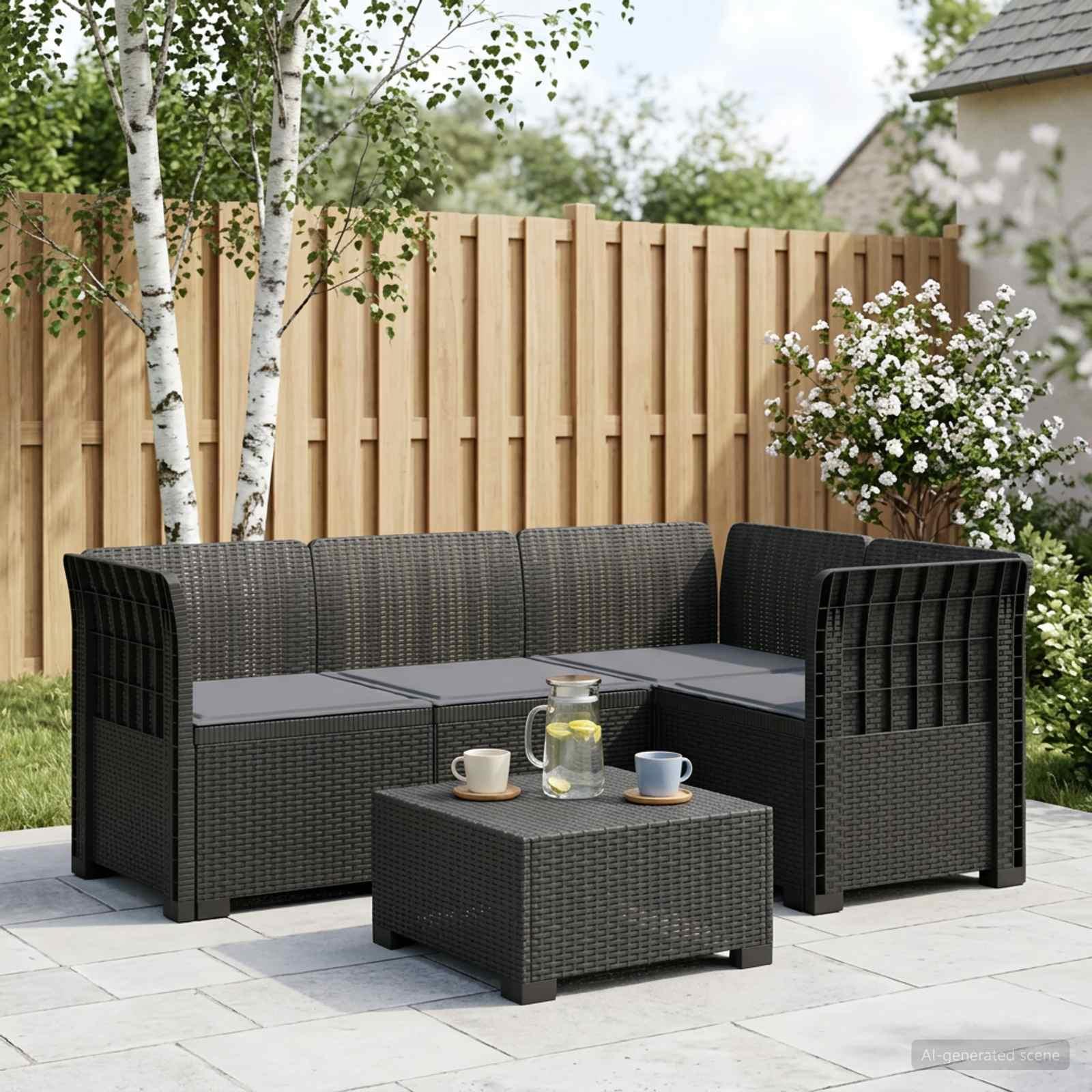 4-personers havesofa med puder i rattan-look PP - antracit