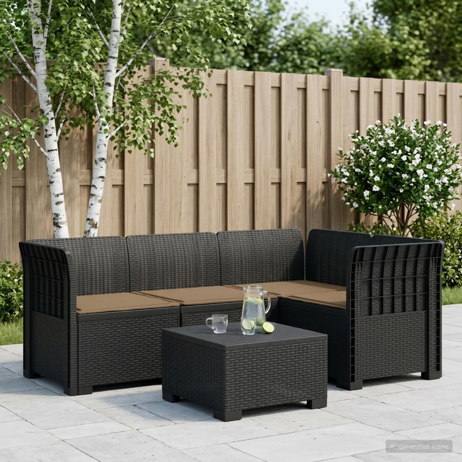 4-personers havesofa med puder i rattan-look PP antracit