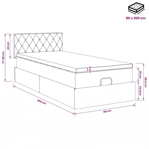 Ottoman seng med madras og LED 80 x 200 cm - lysegrå velour