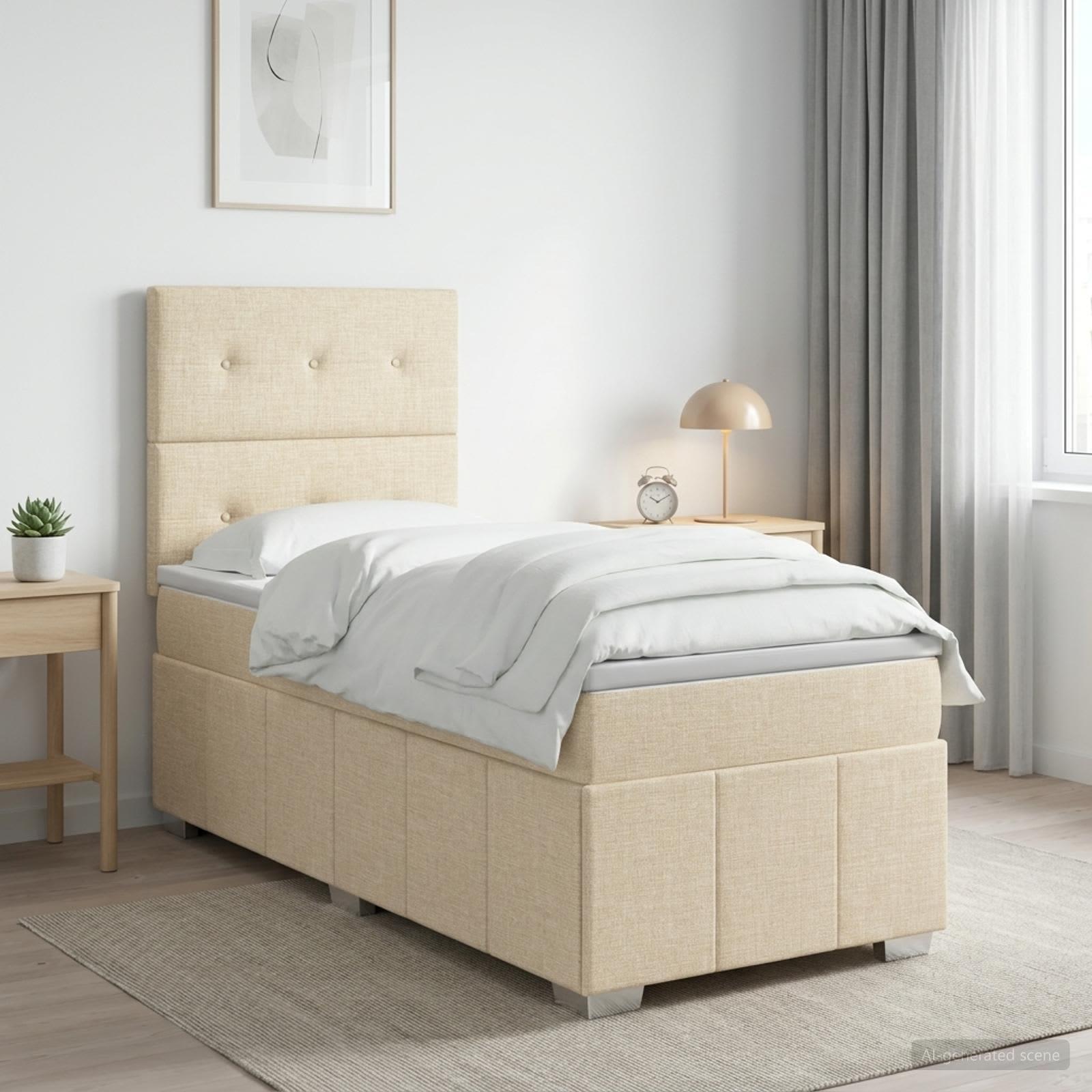 Boxmadras seng med topmadras 90 x 190 cm cremefarvet stof