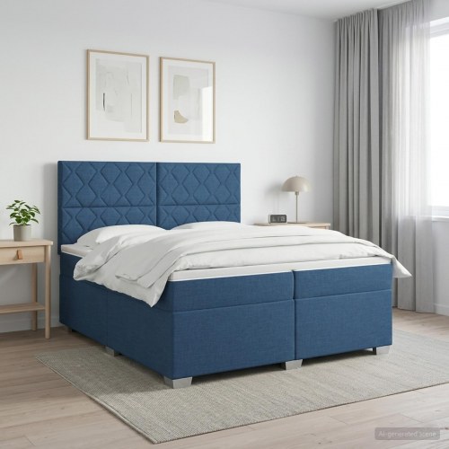 Boxmadras med topmadras og justerbart hovedgærde 200 x 200 cm - blå stof