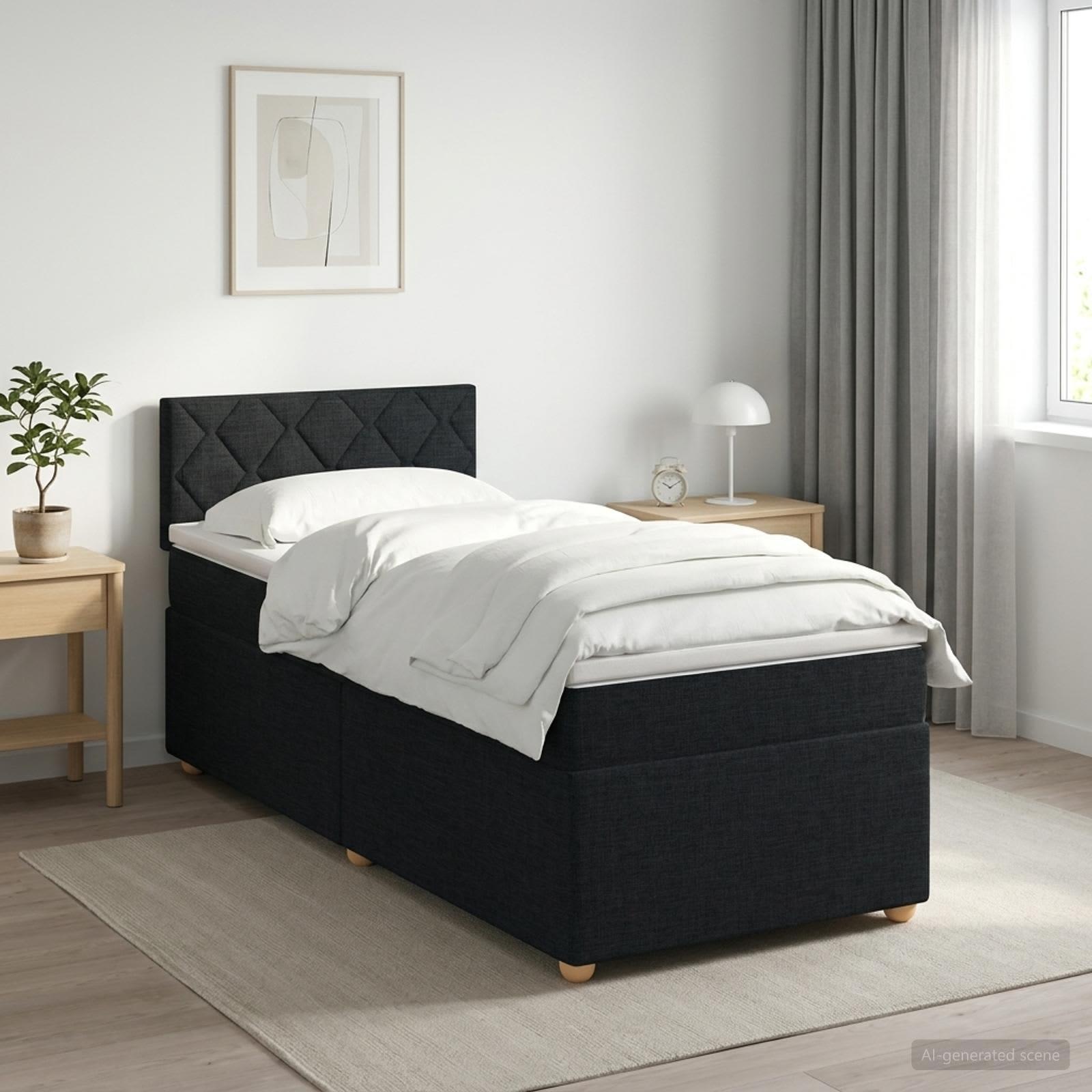 Seng med madras, topmadras og justerbar hovedgavl 100 x 200 cm - sort stof