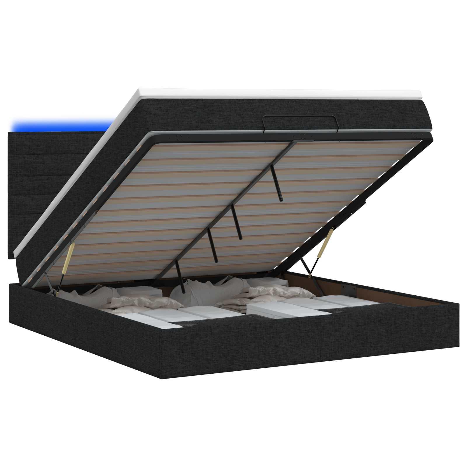 Ottoman seng med opbevaring, madras og LED 180 x 200 cm - sort stof
