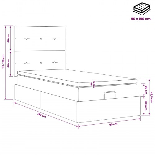 Ottoman seng med opbevaring og madras 90 x 190 cm cremefarvet stof