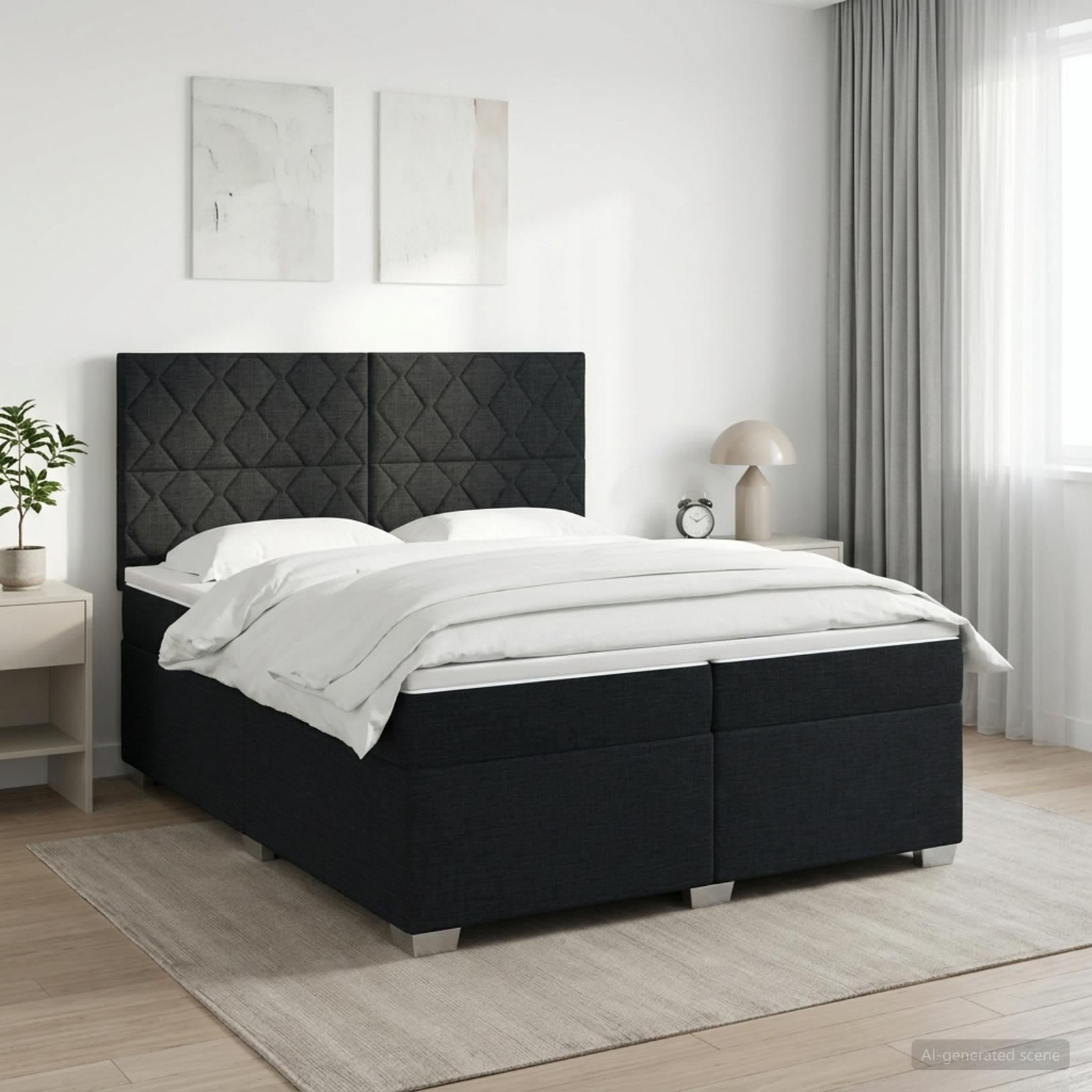 Kontinentalseng 200 x 200 cm med topmadras og justerbart hovedgærde - sort stof