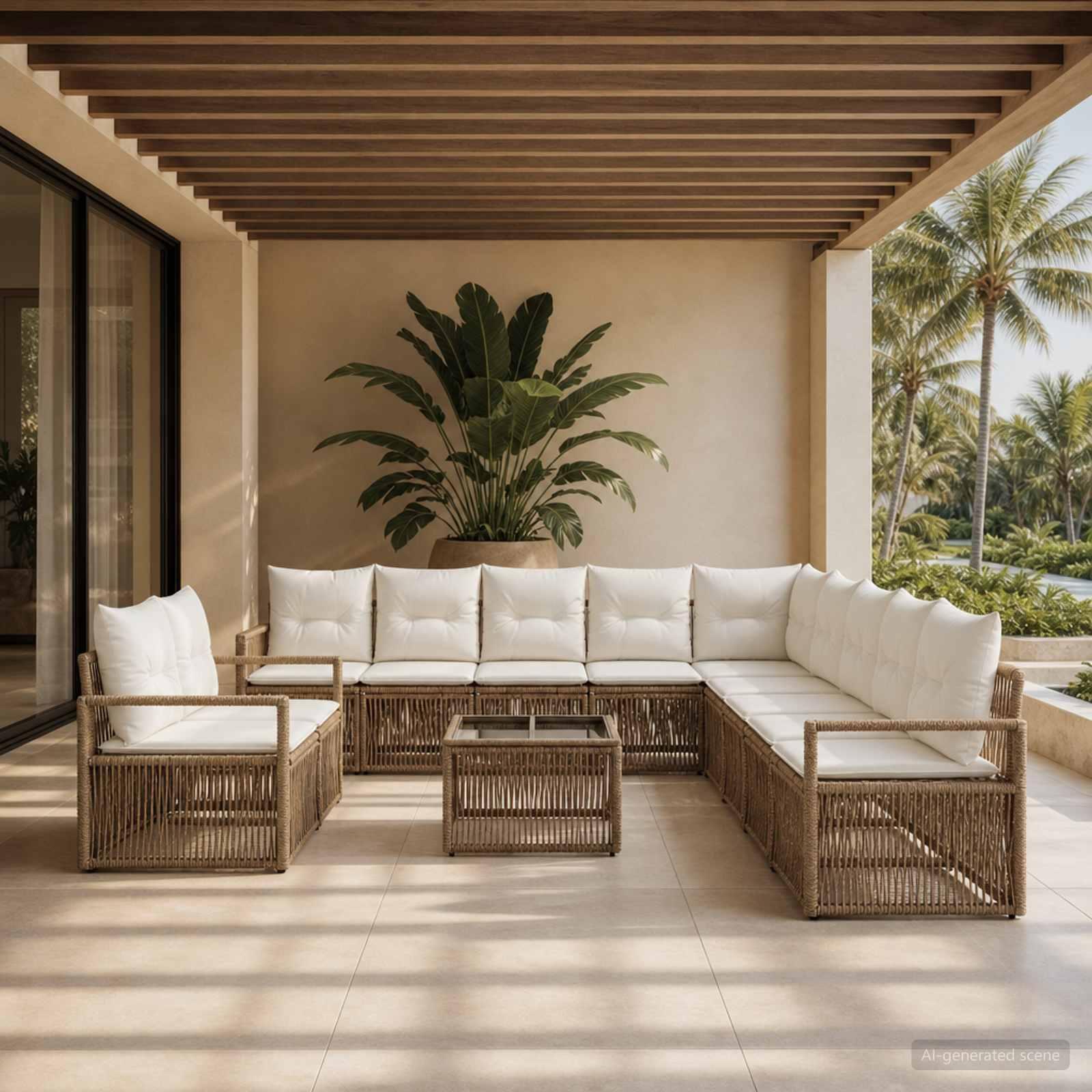 Havesofa sæt 12 stk. i beige polyrattan modulsofa til have og terrasse