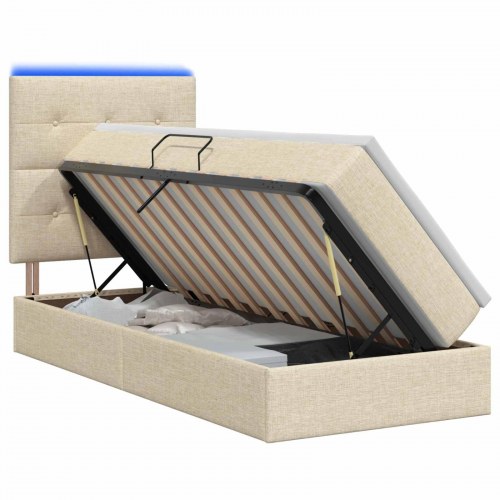 LED opbevaringsseng med madras 100 x 200 cm cremefarvet stof
