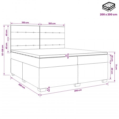 Kontinentalseng 200 x 200 cm med topmadras og justerbart hovedgærde - blå