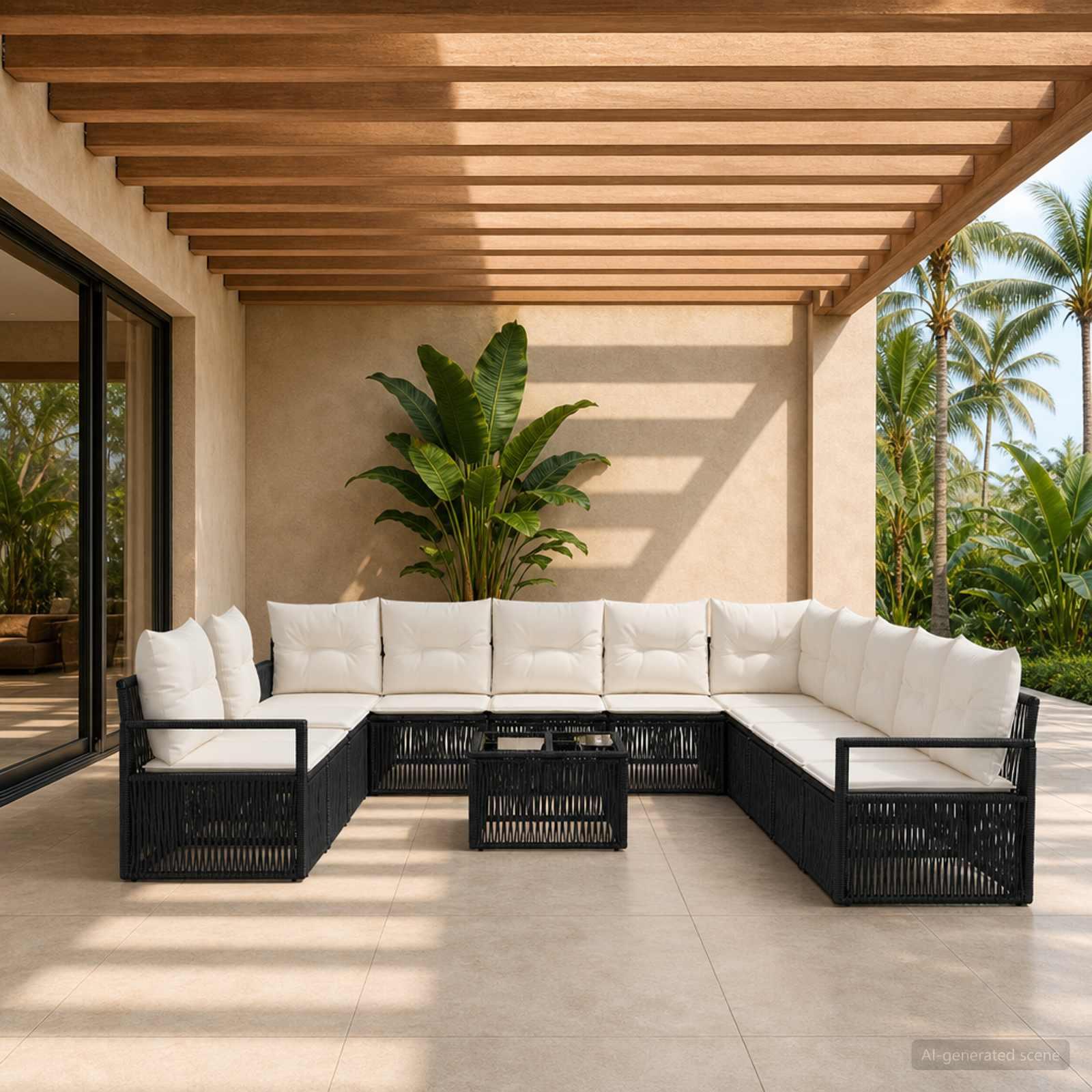 Havesofa sæt 12 stk. i sort polyrattan med bord