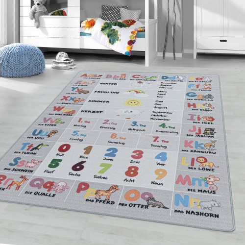 PLAY børnetæppe Alphabet-Zahlen-Tiere grå rektangel
