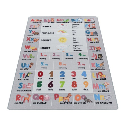 PLAY børnetæppe Alphabet-Zahlen-Tiere grå rektangel