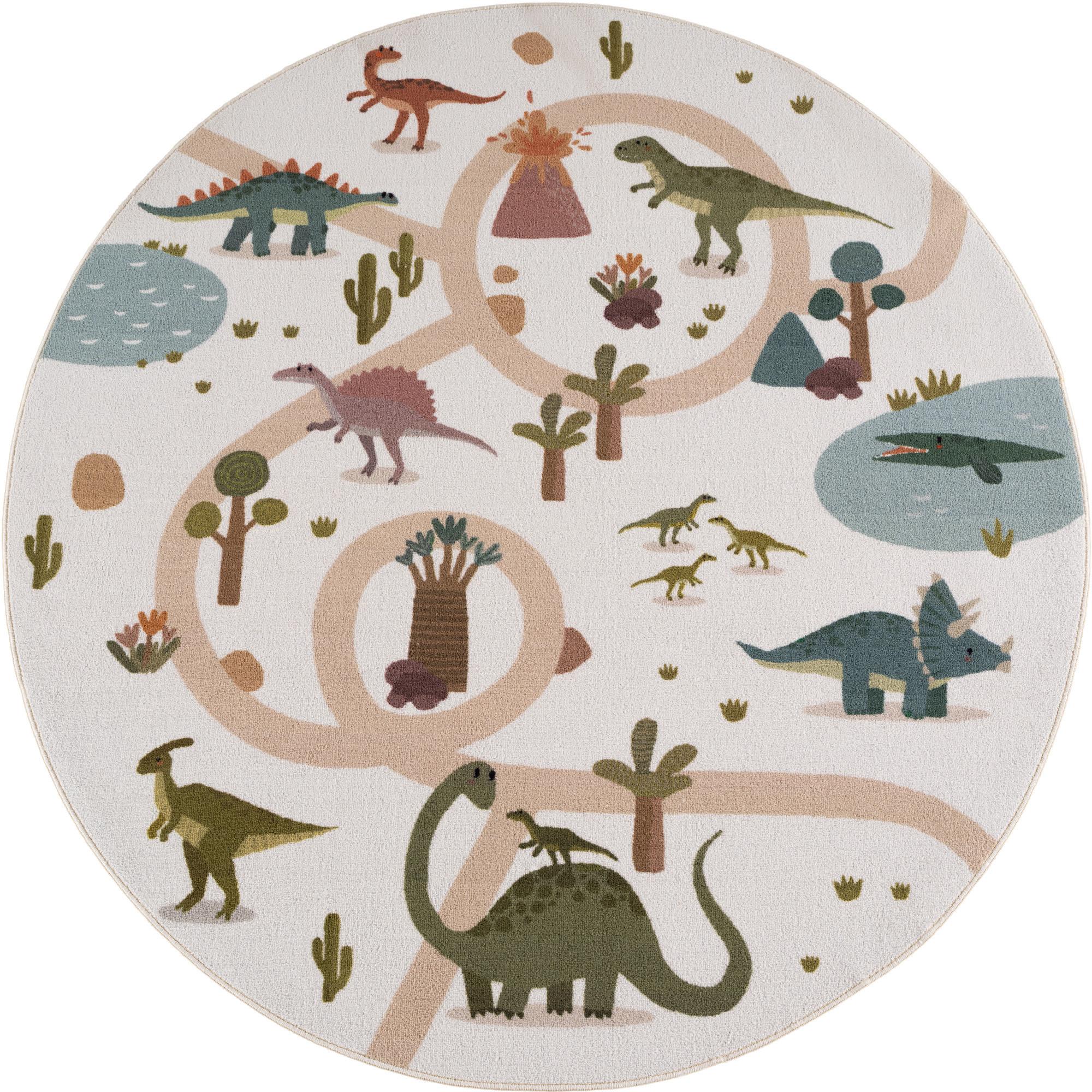 COCO rundt børnetæppe i creme med dinosaurmotiv - 120 x 120 cm