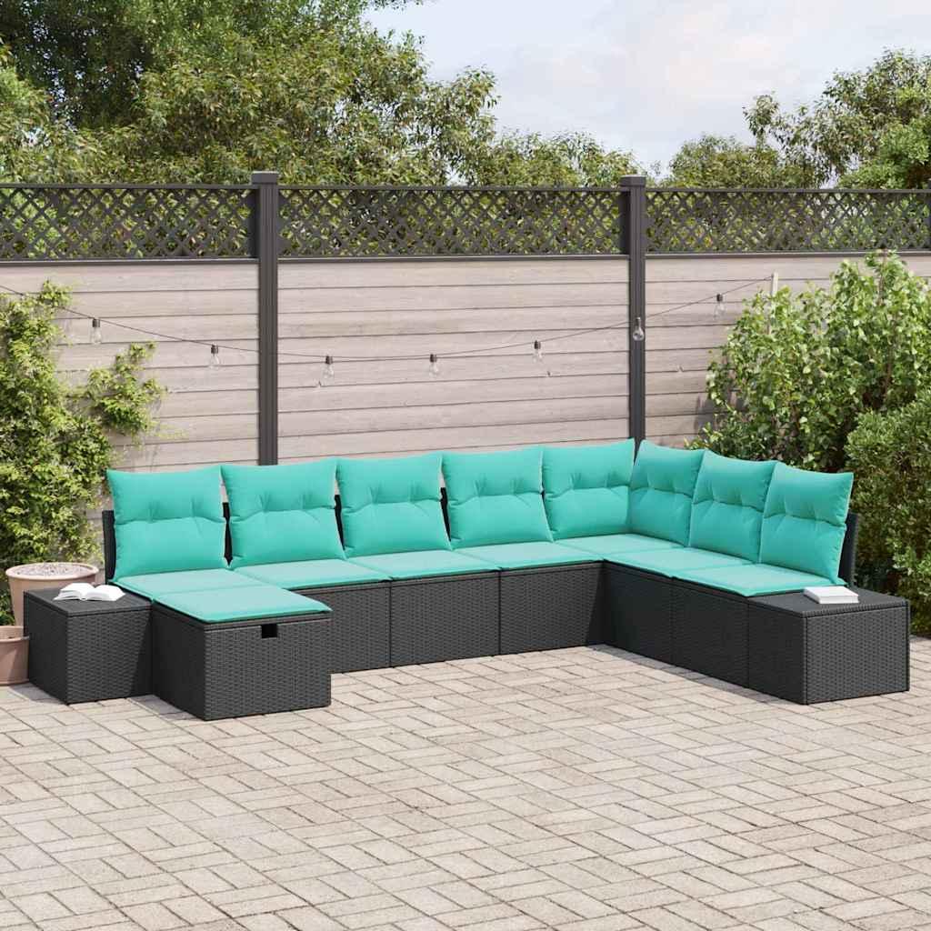 Havesofa sæt 8 stk. i sort polyrattan med blågrønne puder