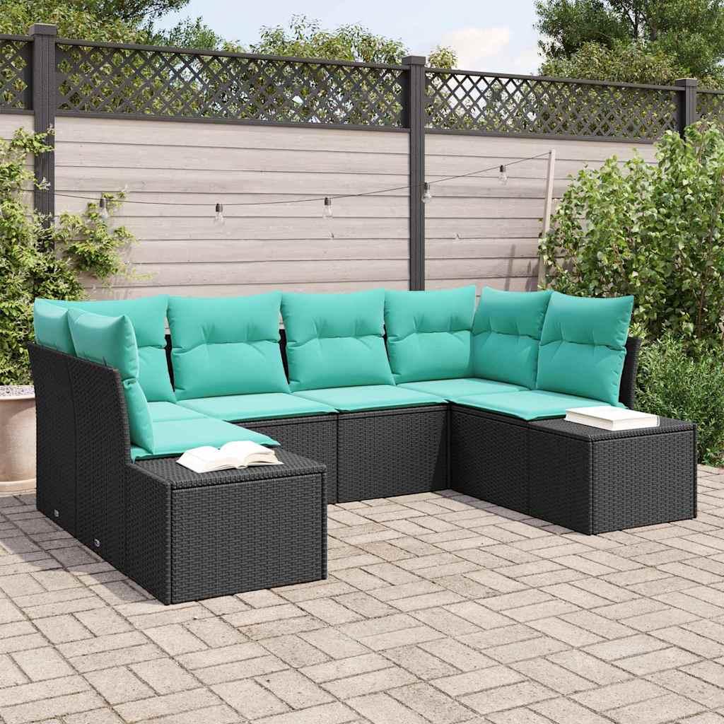Havesofa sæt 6 stk. i sort polyrattan med puder