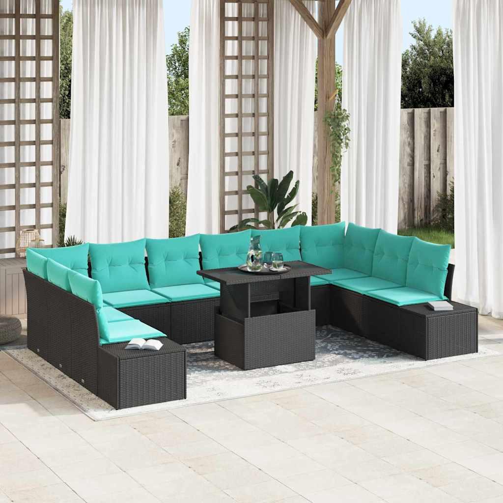 Havesofa sæt 11 stk. i polyrattan sort og blå - modulært loungesæt til terrasse