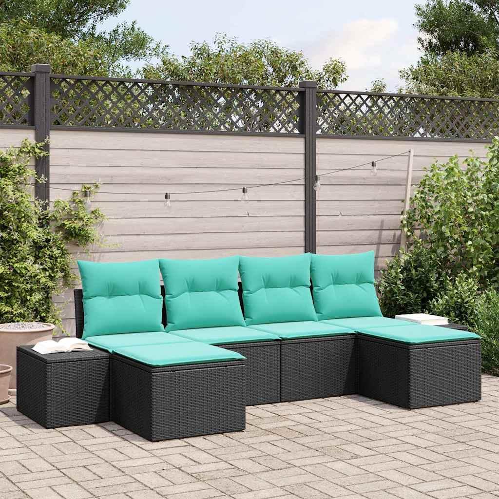 Havesofa sæt 6 dele i sort polyrattan med blå puder