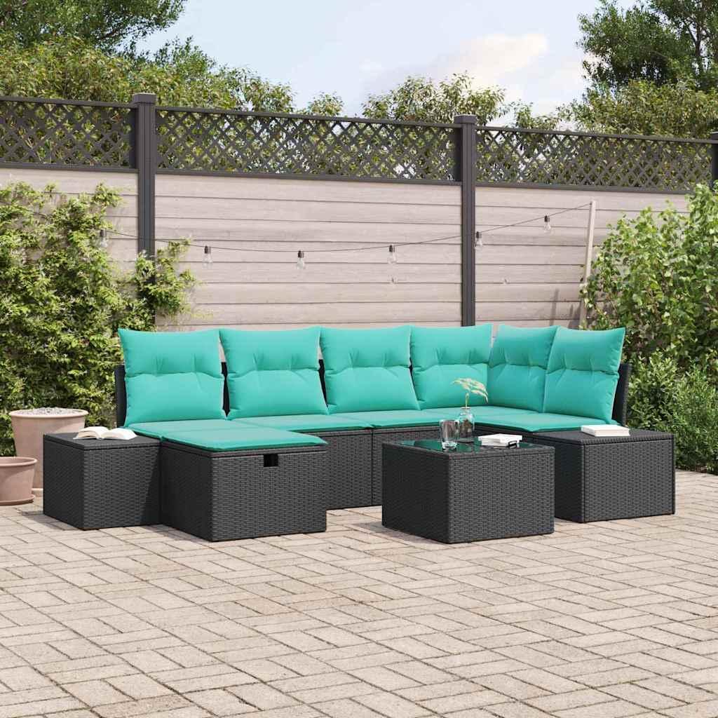 Havesofa sæt 7 dele i sort polyrattan med puder