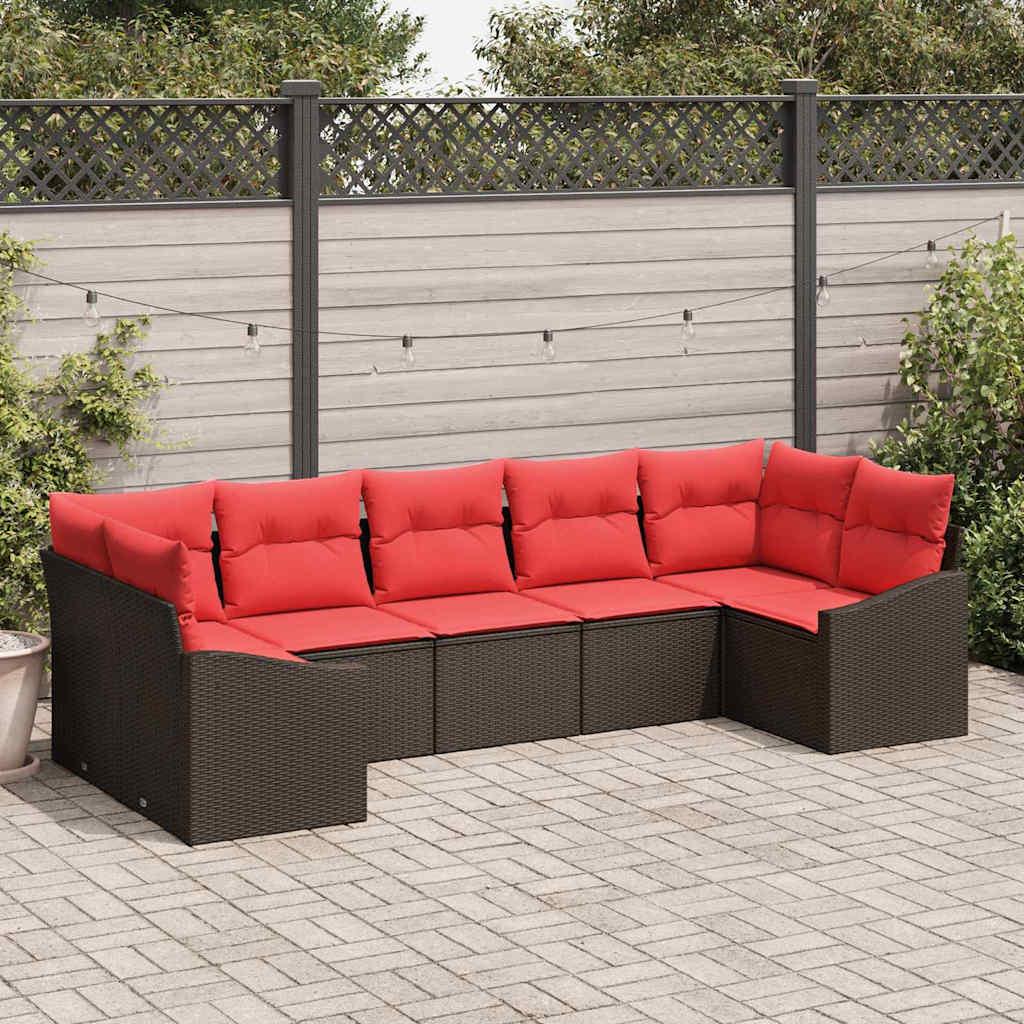 Sofa sæt 7 stk. i brun polyrattan med røde puder